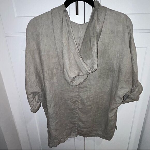 Lauren Vidal Linen Button Front Short Sleeve Hood Lagenlook Cardigan Top - Picture 3 of 7